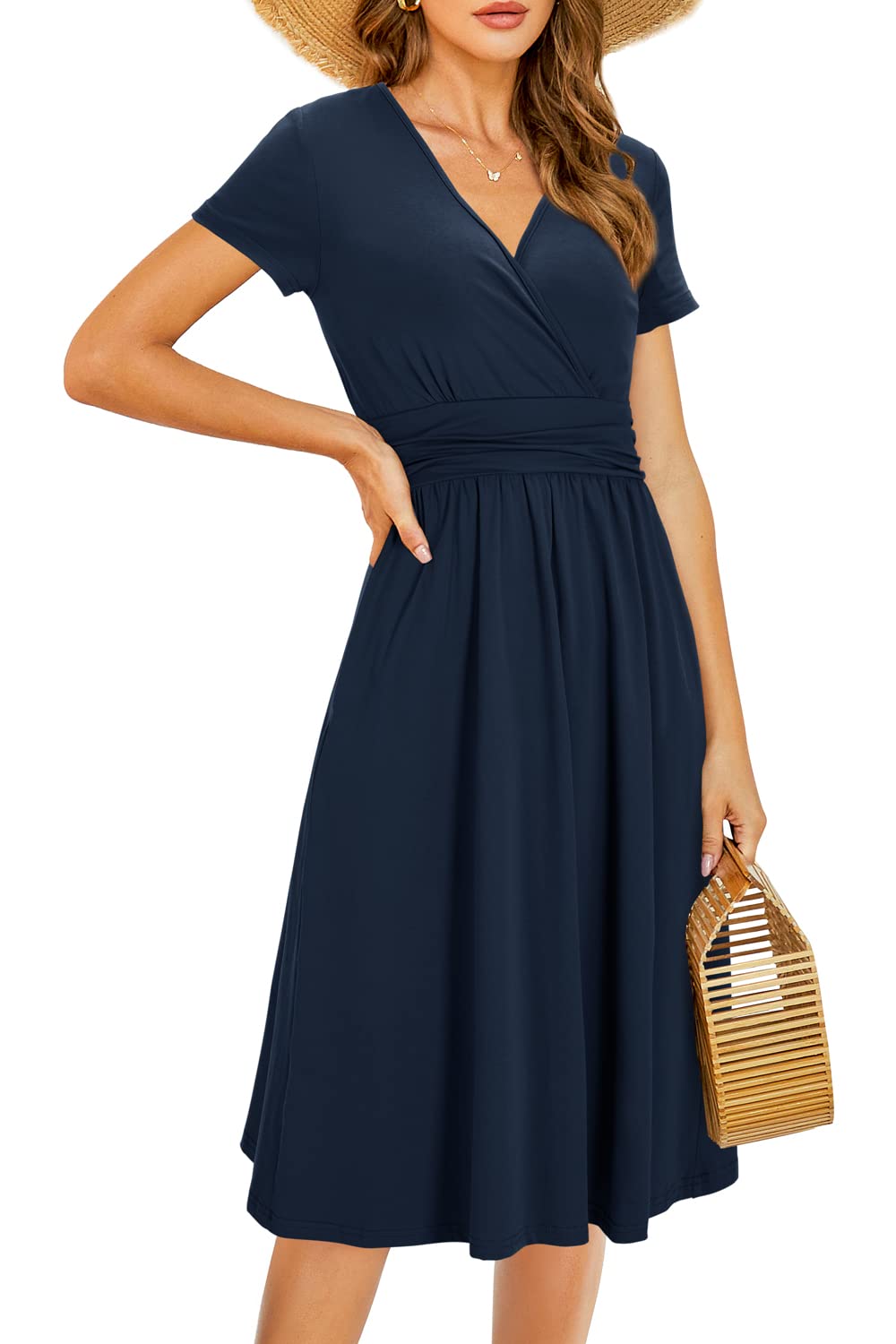 STYLEWORD Women's Summer Dress Short Sleeve V-Neck Dresses Solid Color Dress Beach Dress With Pockets (Navy, Small)