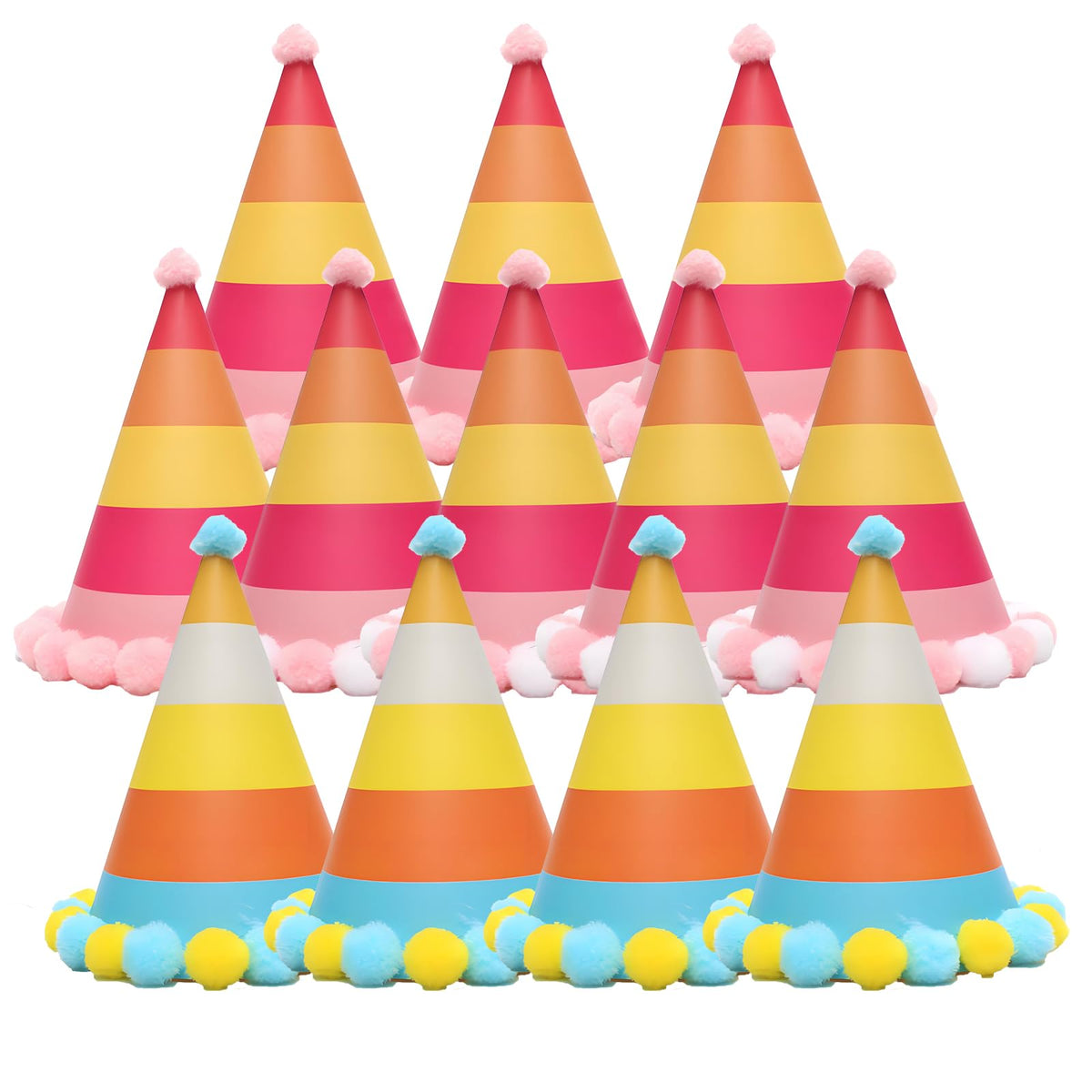 Party Hats 12-Pack Pom-Pom Birthday Celebration Party Decoration – Colourful