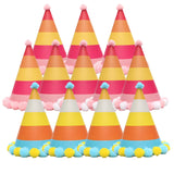 Party Hats 12-Pack Pom-Pom Birthday Celebration Party Decoration – Colourful