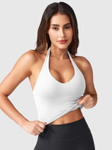 Halter Neck Deep V Padded Crop Top Padded Summer Sleeveless Top – White M
