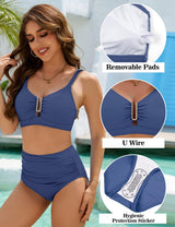 Women's High-Waist Tummy Control 2-Piece Push-Up Swimsuit U-Neck