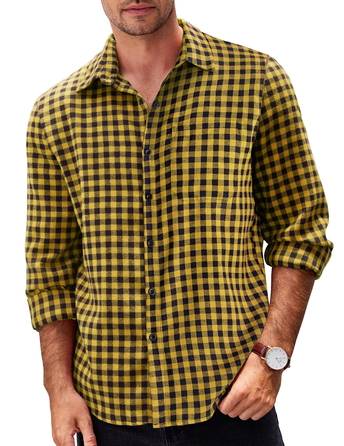 Men’s Long Sleeve Flannel Checked Shirt Cotton Lumberjack Casual – Black/Yellow M