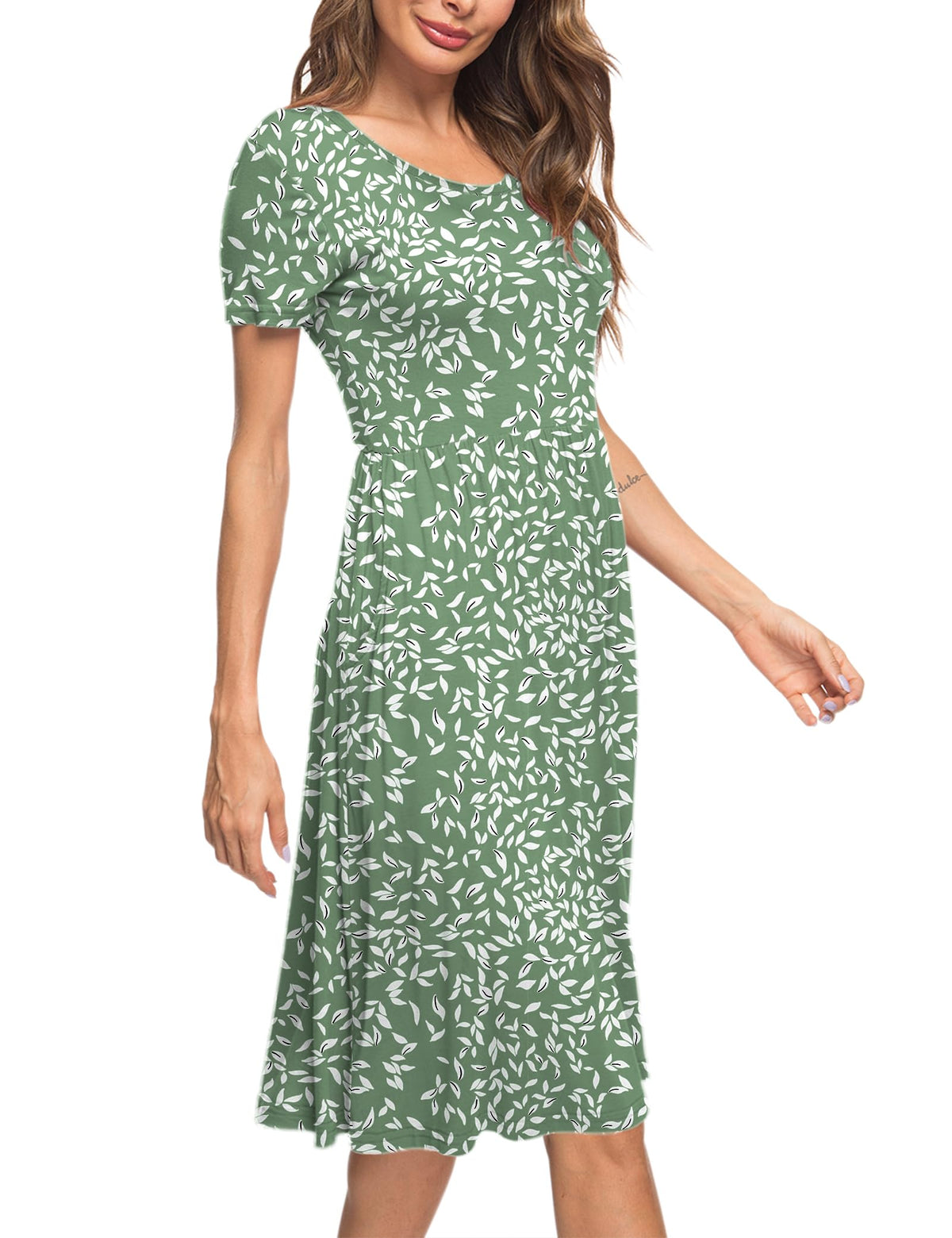 Women’s Knee-Length Short-Sleeve Summer Dress Casual – Olive Green M