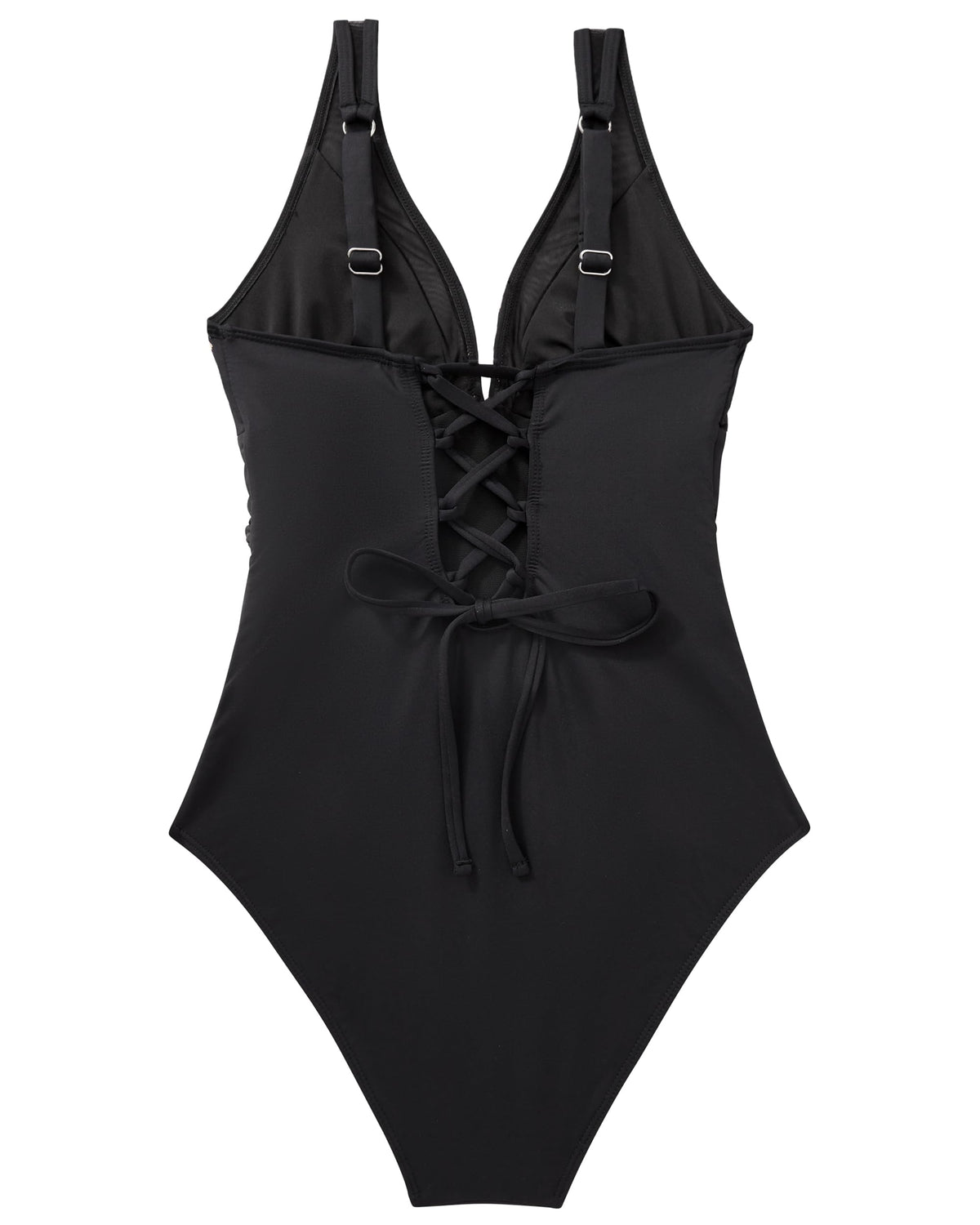 Women's V-Neck Mesh Tummy-Control Swimsuit with Cups Backless – Black XL