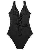 Women's V-Neck Mesh Tummy-Control Swimsuit with Cups Backless – Black XL