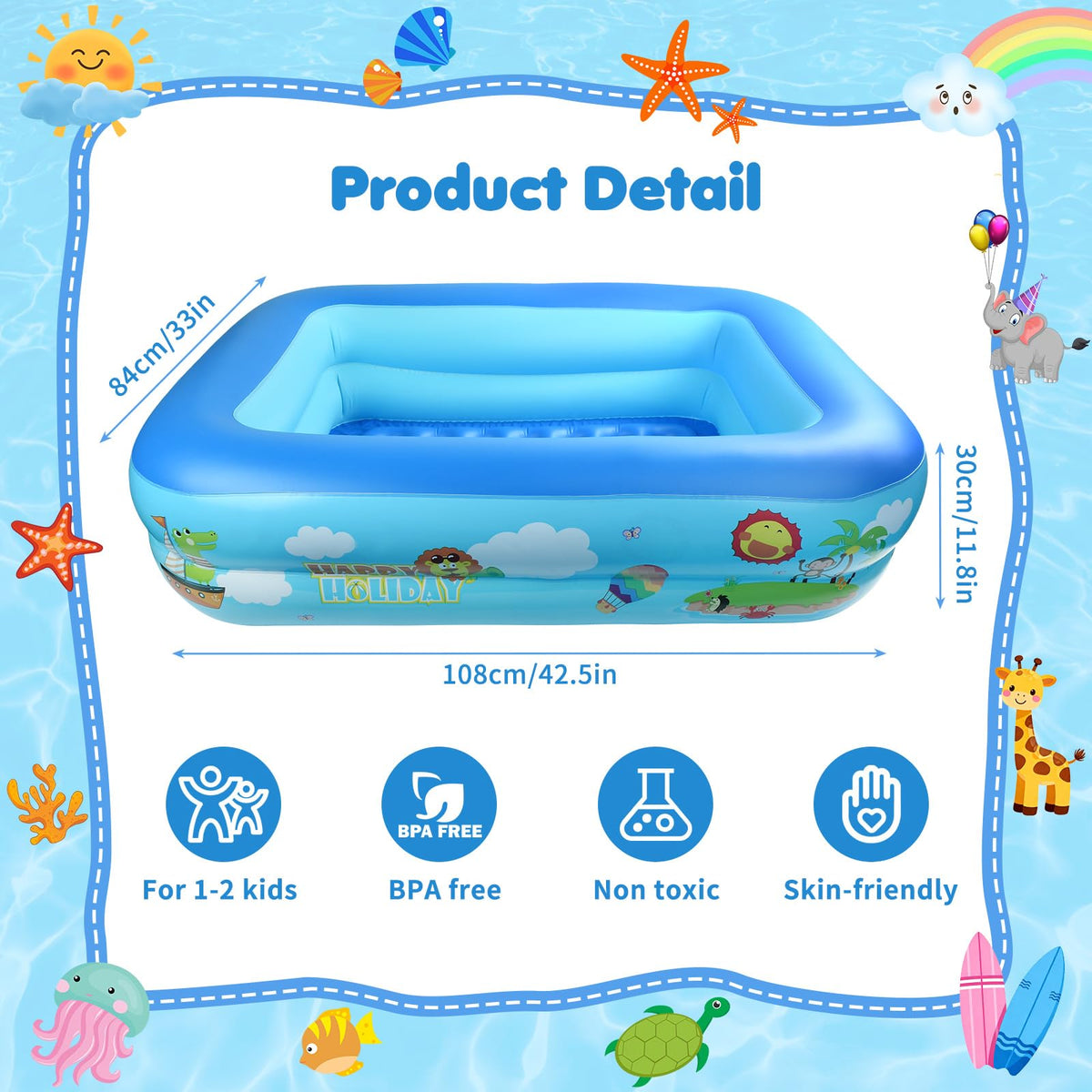 Inflatable Children's Pool 108 x 84 x 30 cm 2-Ring Rectangular – 108x84x30cm