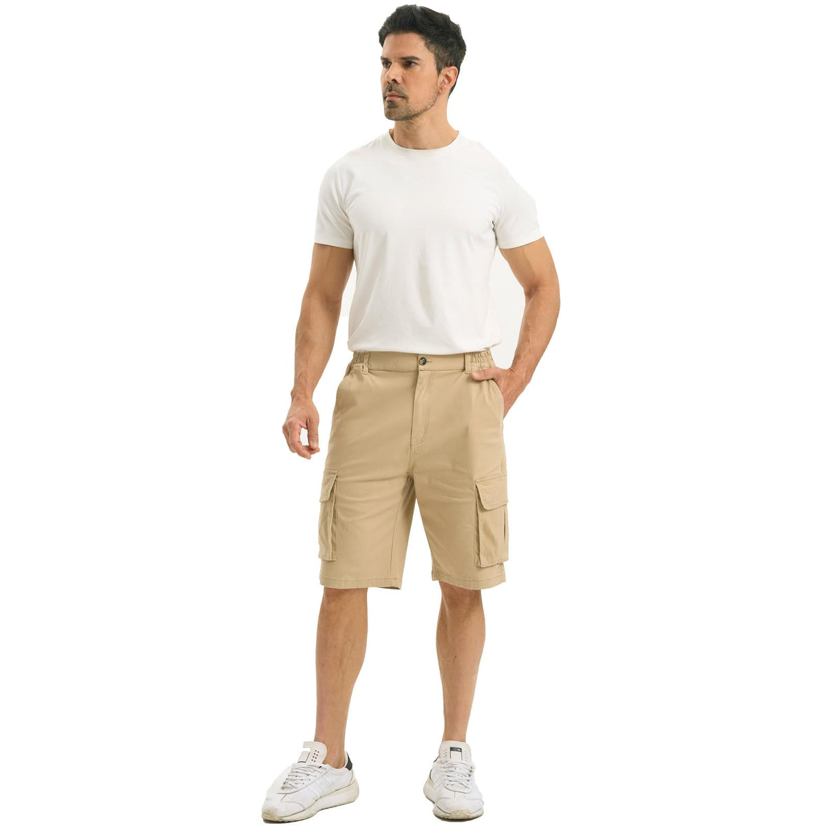 Men's Cargo Shorts Cotton Chino Casual with Pockets Elastic Waist – Grey-Brown L