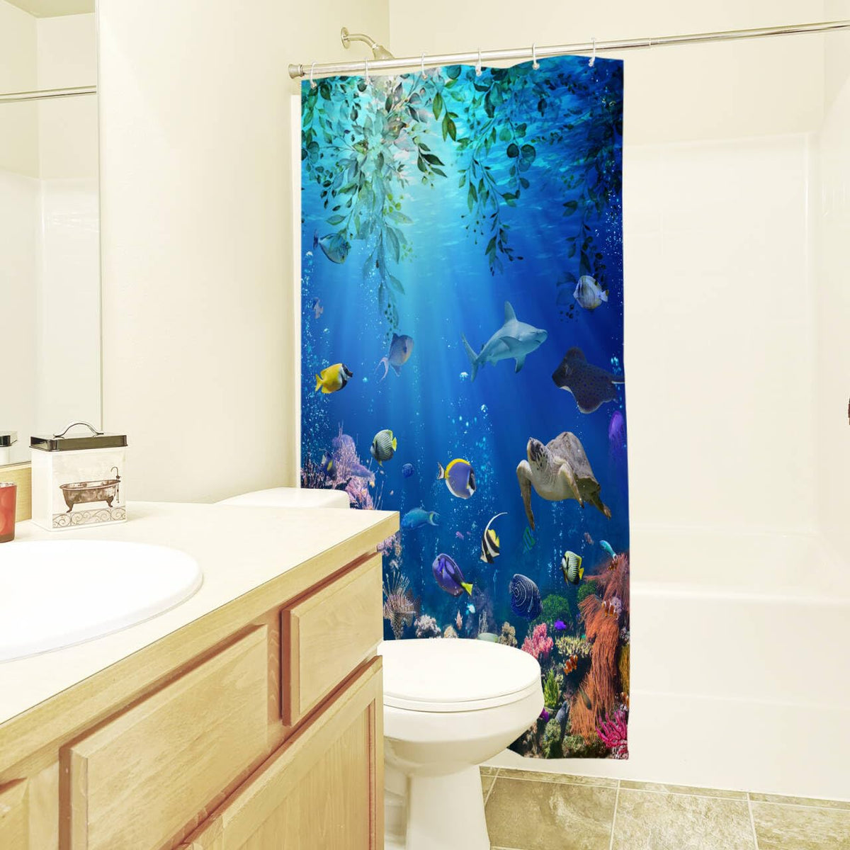 Shower Curtain 120x180cm Anti-Mould Waterproof Fabric Drops Ocean Fish – Light Blue