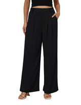 Women's Wide-Leg High-Waist Pleated Trousers Lightweight Summer - Black M Petite