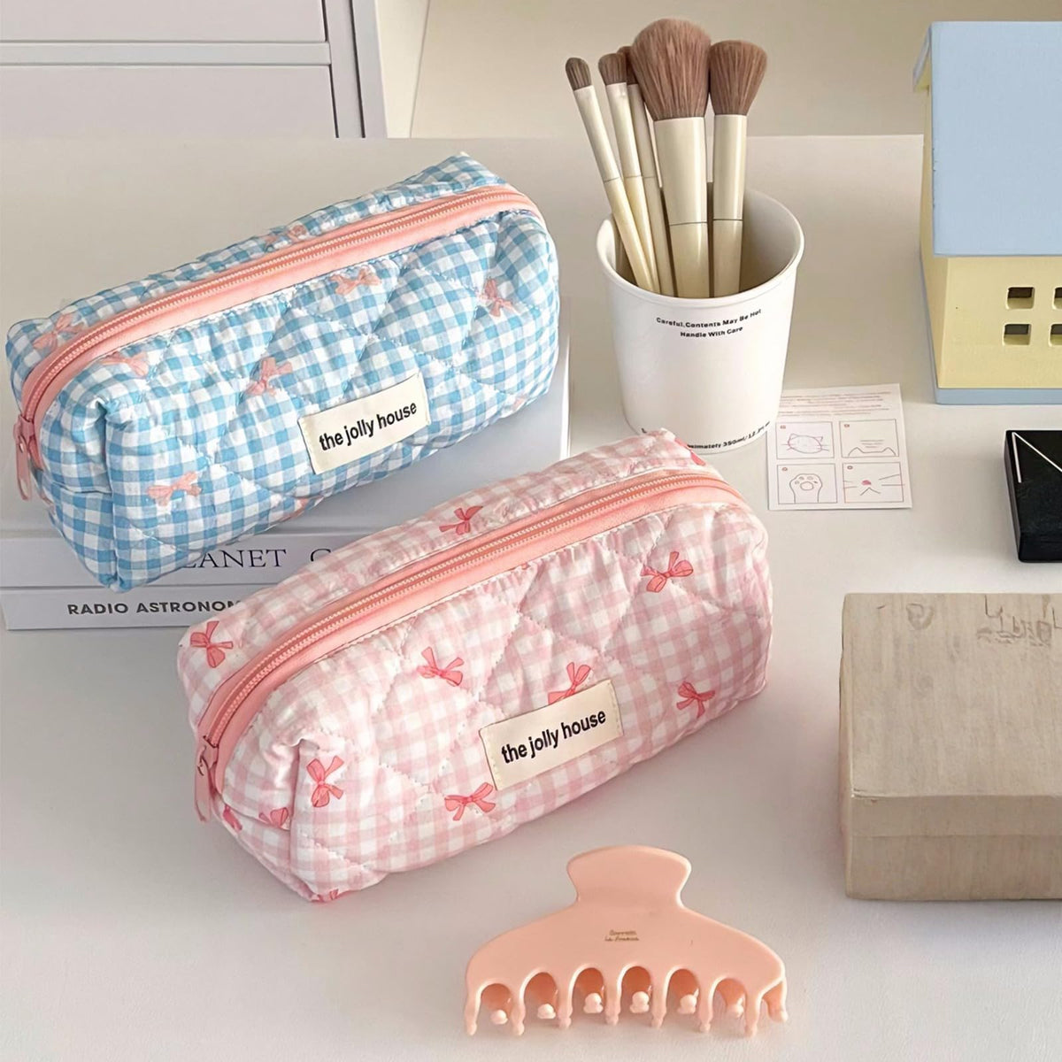 Quilted Bow Pencil Case Wide Opening Portable Pouch for School Office Cosmetics – Assorted