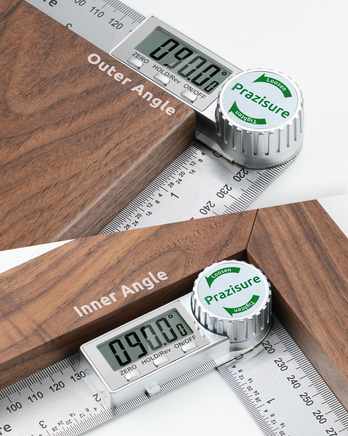 Prazisure Digital Angle Finder 200mm Stainless Steel Protractor – Silver
