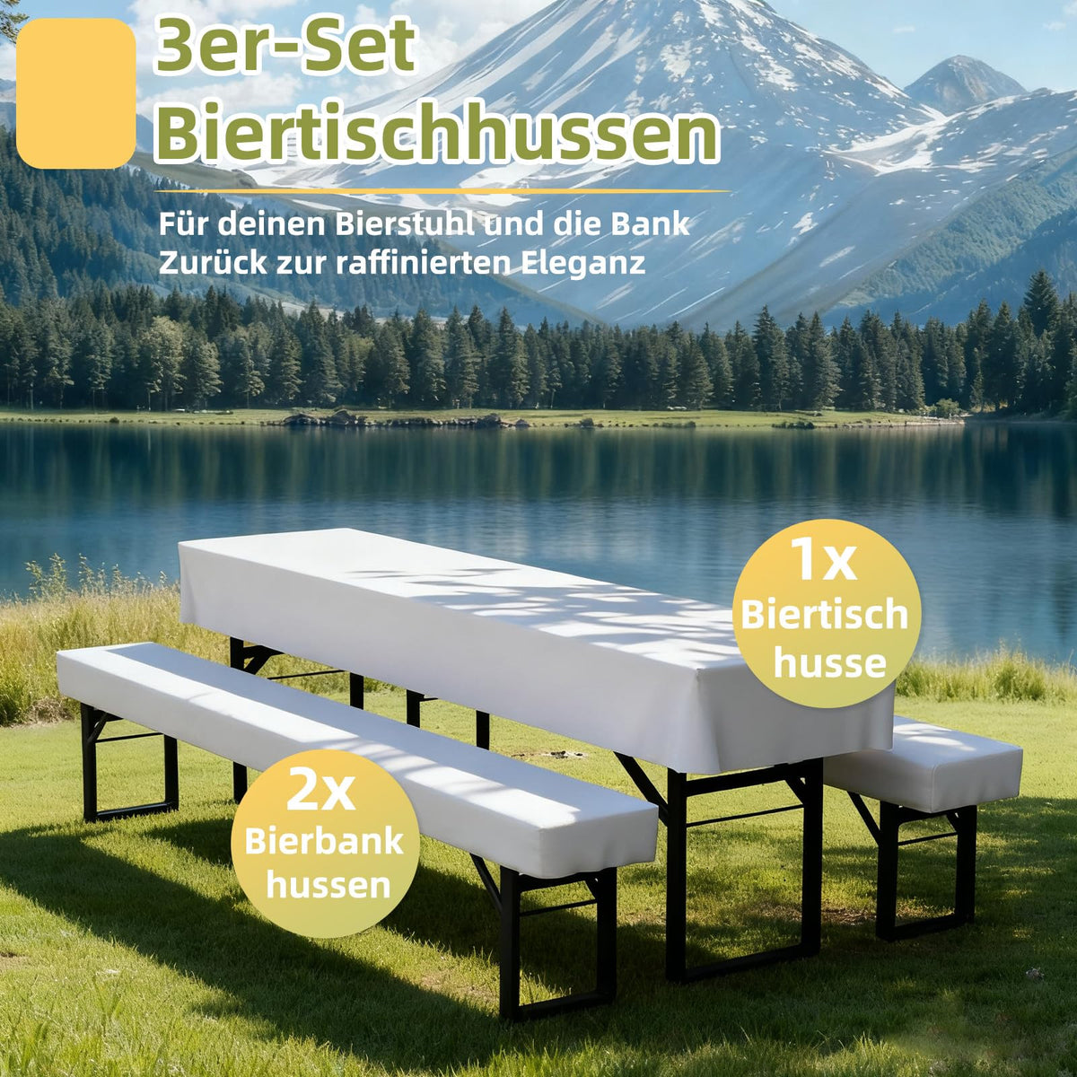 Set 3 huse lavabile din poliester pentru set berărie (masă și 2 bănci) 220x50 cm – Alb