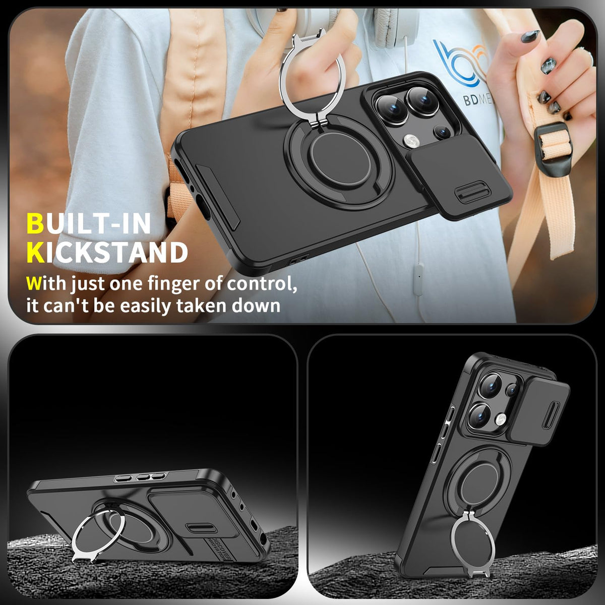 Husă antisoc pentru Xiaomi 14T Pro cu protecție glisantă cameră și inel rotativ 360° – Negru