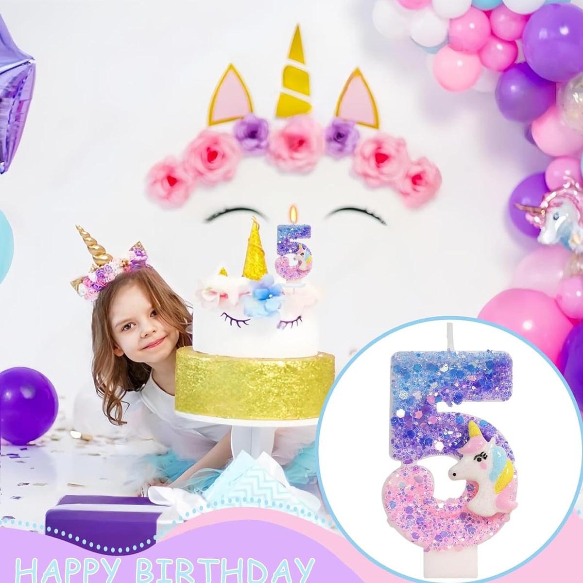 Unicorn Number 5 Birthday Candle Cake Decoration – Purple & Pink