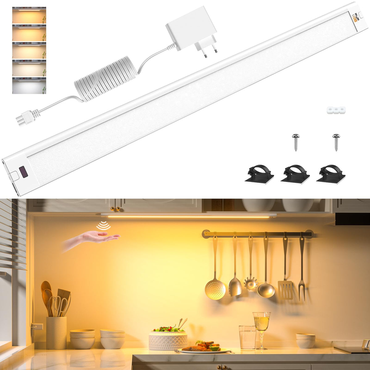 WOBANE under cabinet light kitchen LED dimmable, 5 light colors, 60cm LED light strip with contactless sensor, bright LED kitchen lighting, under cabinet lighting for cupboard, workbench, shelves, 1400 lumens