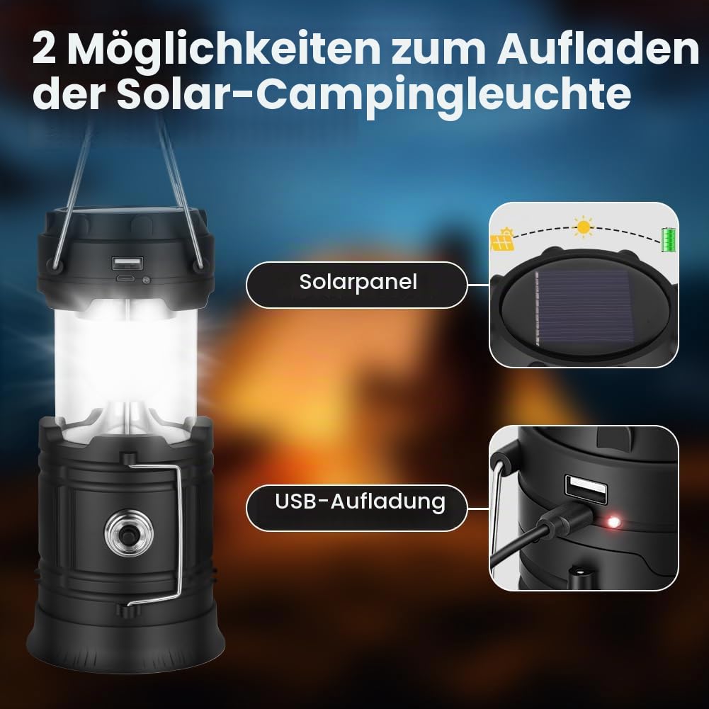 LED Solar Camping Lamp Rechargeable Foldable Waterproof with Hook & USB Charging