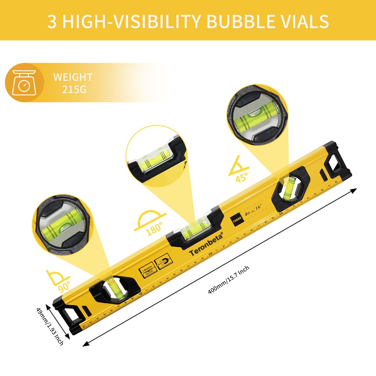 Teronbeta Spirit Level 40cm Magnetic Aluminium with 3 Vials – 0°/45°/90°