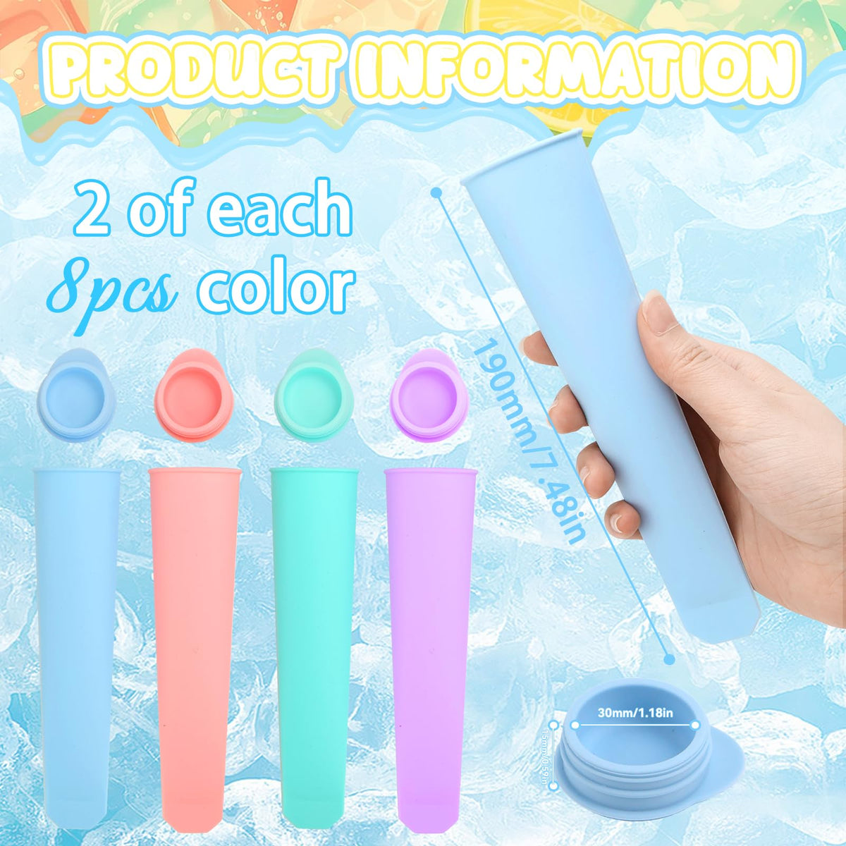 Silicone Ice Pop Moulds 8-Pack Reusable Popsicle Moulds with Sticks – Multi-colour