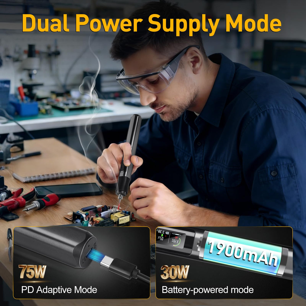 Cordless Soldering Iron 75W USB-C Rechargeable 150–480°C LED Display Auto Sleep – With Dock