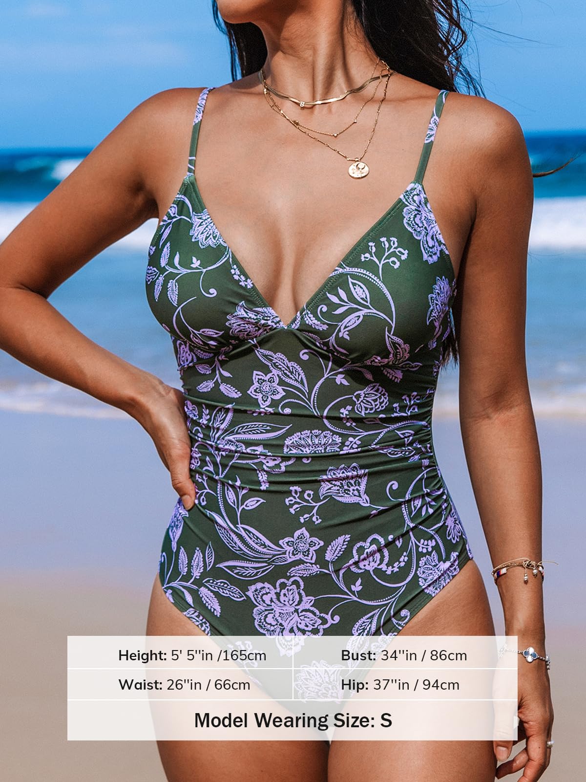 CUPSHE Women's V-Neck Tummy Control Ruching One-Piece Swimsuit – Turquoise Paisley XL
