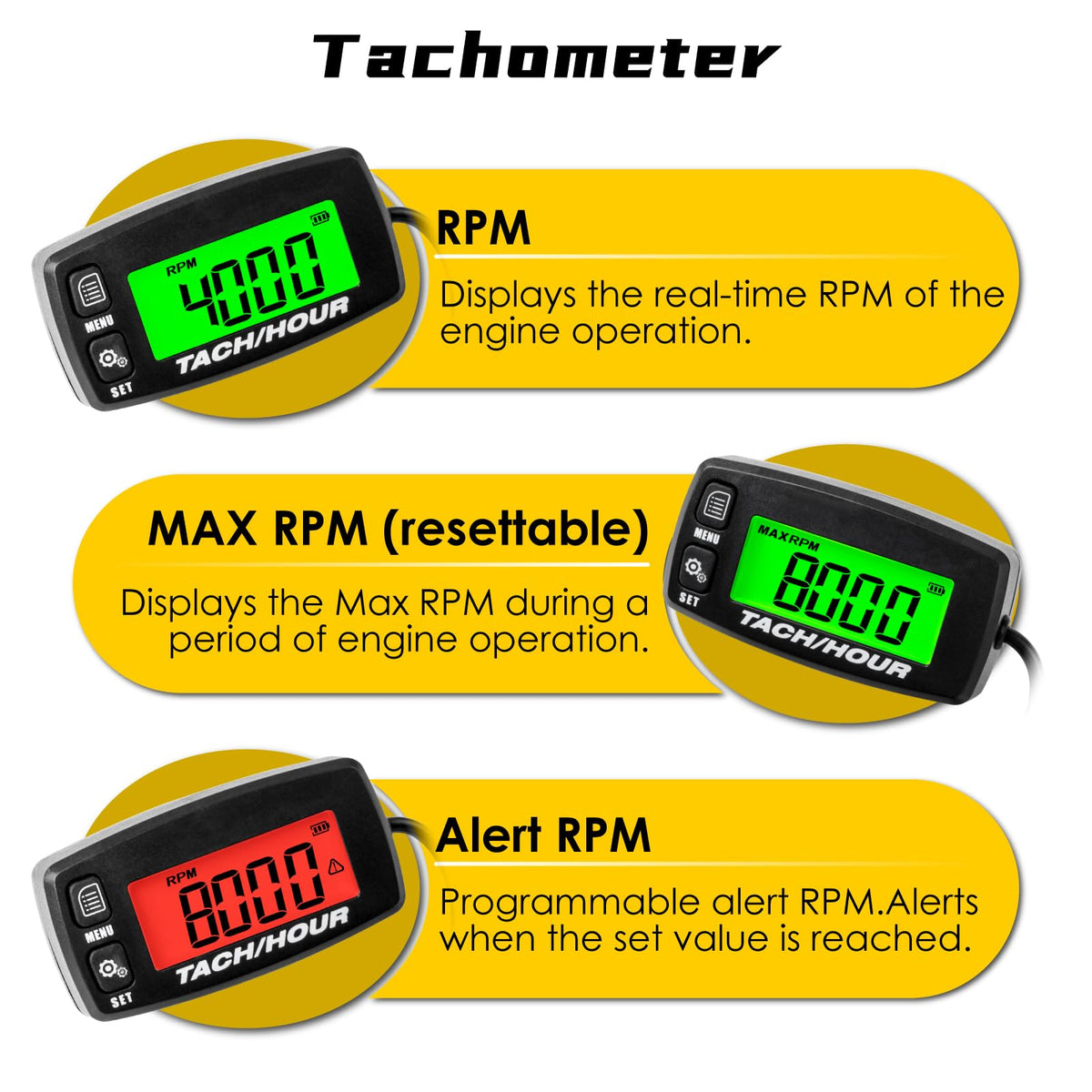 NInE-ROnG Self-Powered Digital Tachometer, Hour Meter, Inductive Maintenance, Waterproof, Backlit Tachometer, Battery Change, for Lawn Mowers, Tractor Generators