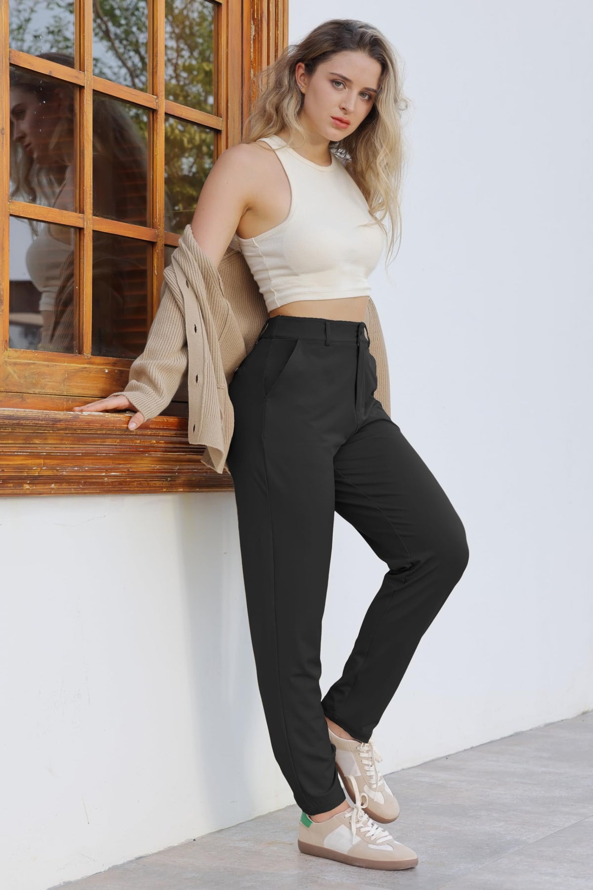 High-waisted Skinny Trousers Stretch with Pockets – Khaki 27in L