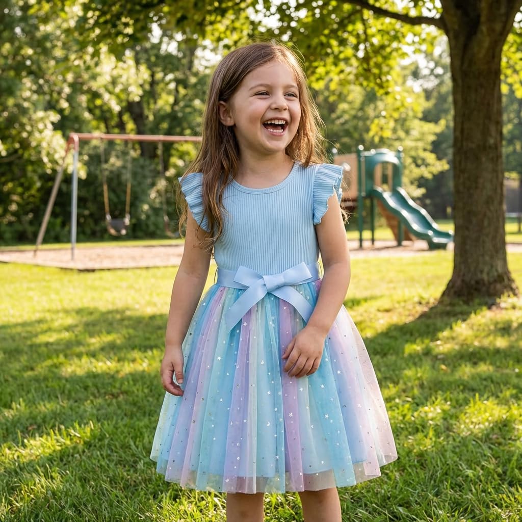 Girls' Ribbed Knit Tulle Dress with Sequins Flying Sleeves – Blue 5-6 yrs