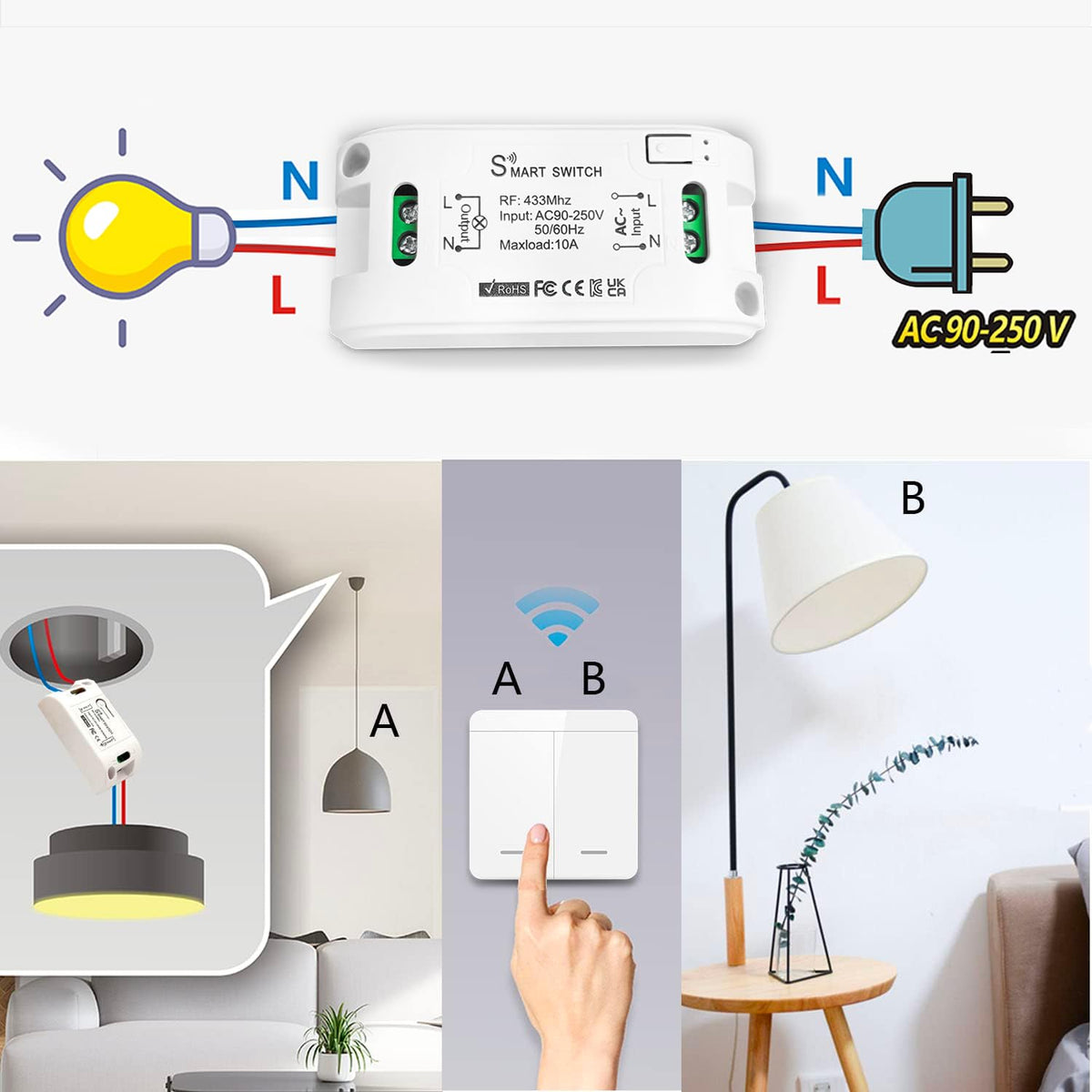 Tedeligo wireless light switch set, removable wireless wall switch transmitter, 100 m wireless control range for lighting devices up to 2300 W, no wiring required, white wireless switch