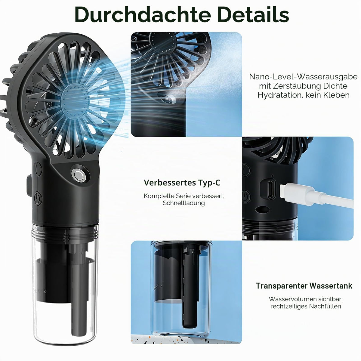 Handheld Misting Fan USB Rechargeable 4-Speed Portable Mini – Black