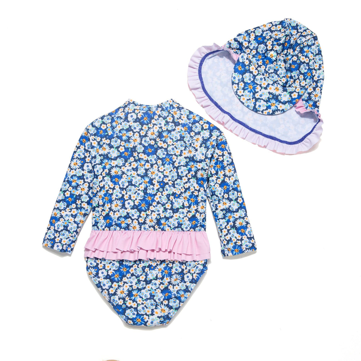 One-Piece Baby Girl Swimsuit Long Sleeve UV 50+ Protection – Blue White 3-6 Months