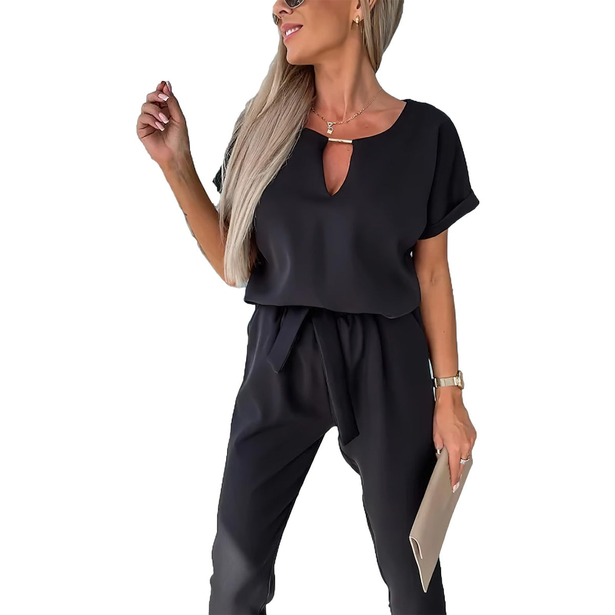 Salopetă lungă elegantă damă amropi cu mânecă scurtă și decolteu în V – Negru L