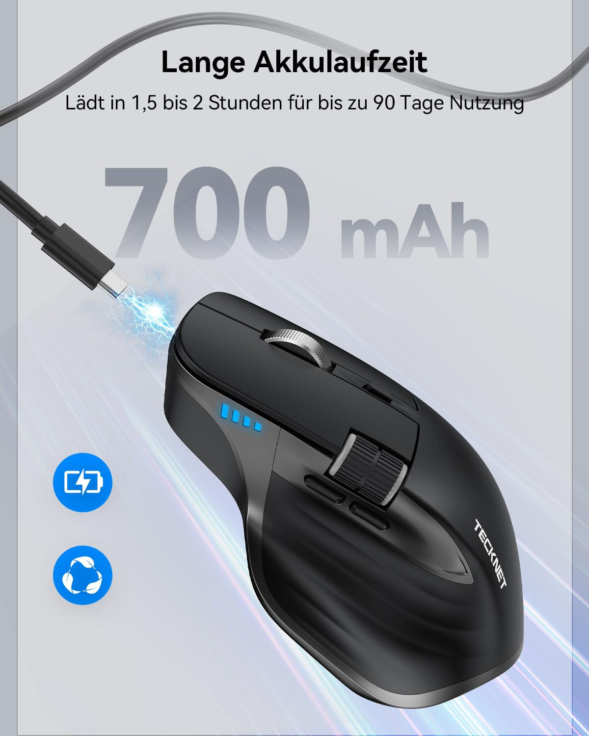 TECKNET Bluetooth Wireless Mouse Ergonomic Rechargeable 4800 DPI Silent – Black