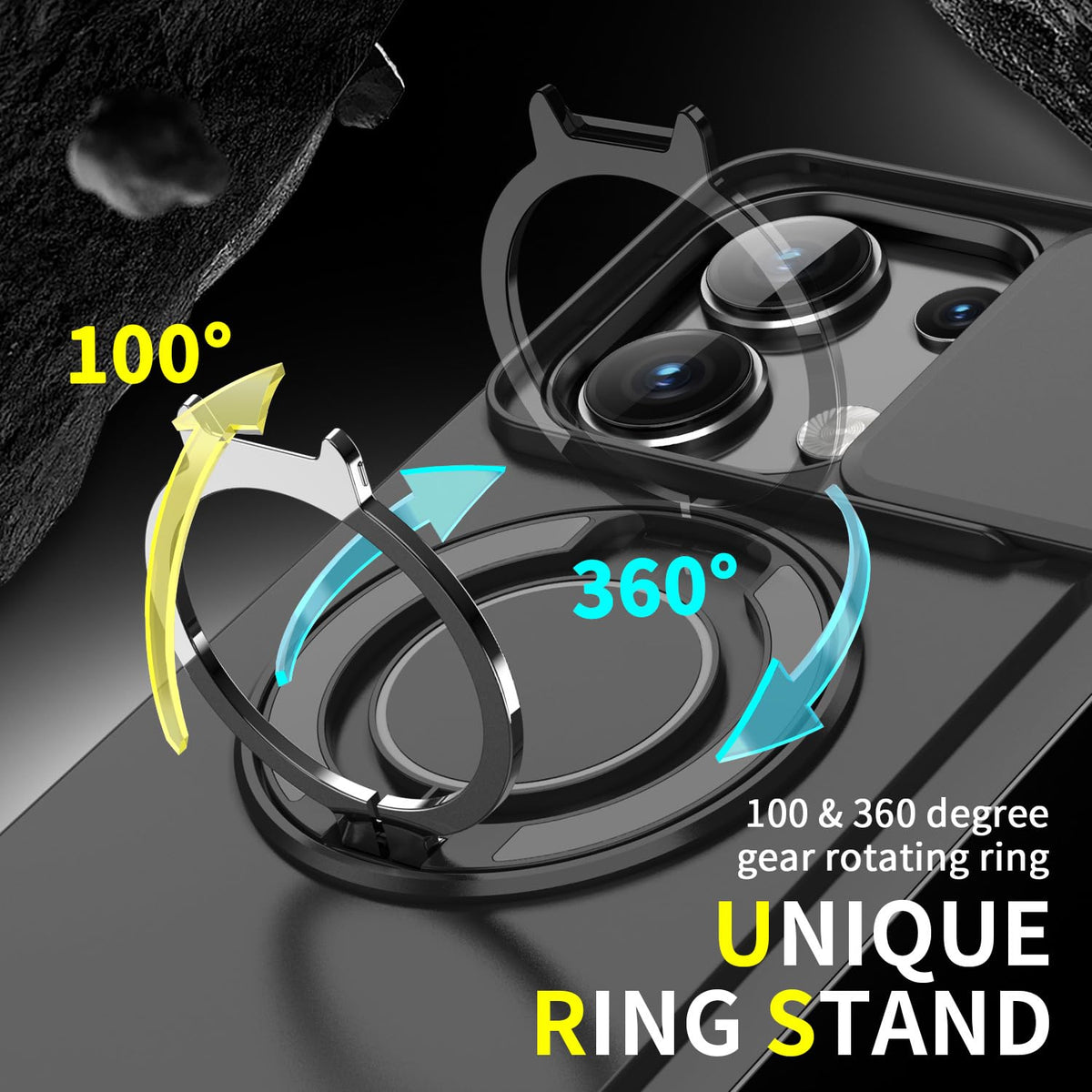 Husă antisoc pentru Xiaomi 14T Pro cu protecție glisantă cameră și inel rotativ 360° – Negru