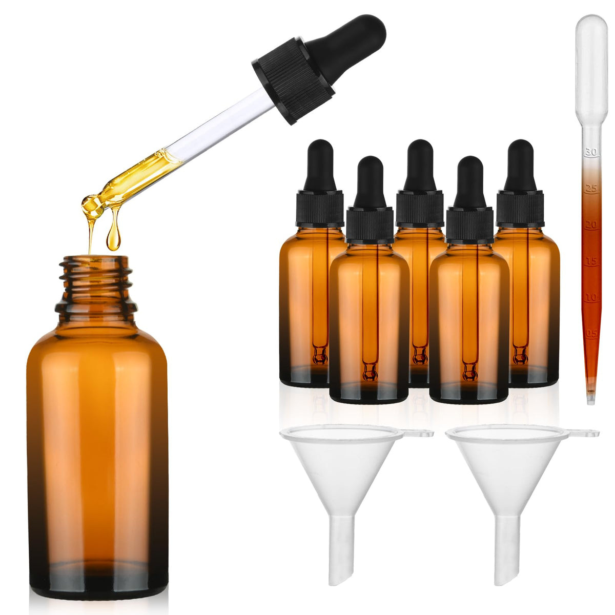 Amber glass dropper bottles 30ml pack with droppers & funnel accessories – 30ml 6-pack