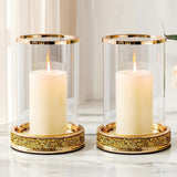 Glass Crystal Pillar Hurricane Candle Holders Tempered Panes Table Wedding Decor – Gold Small 2-Pack