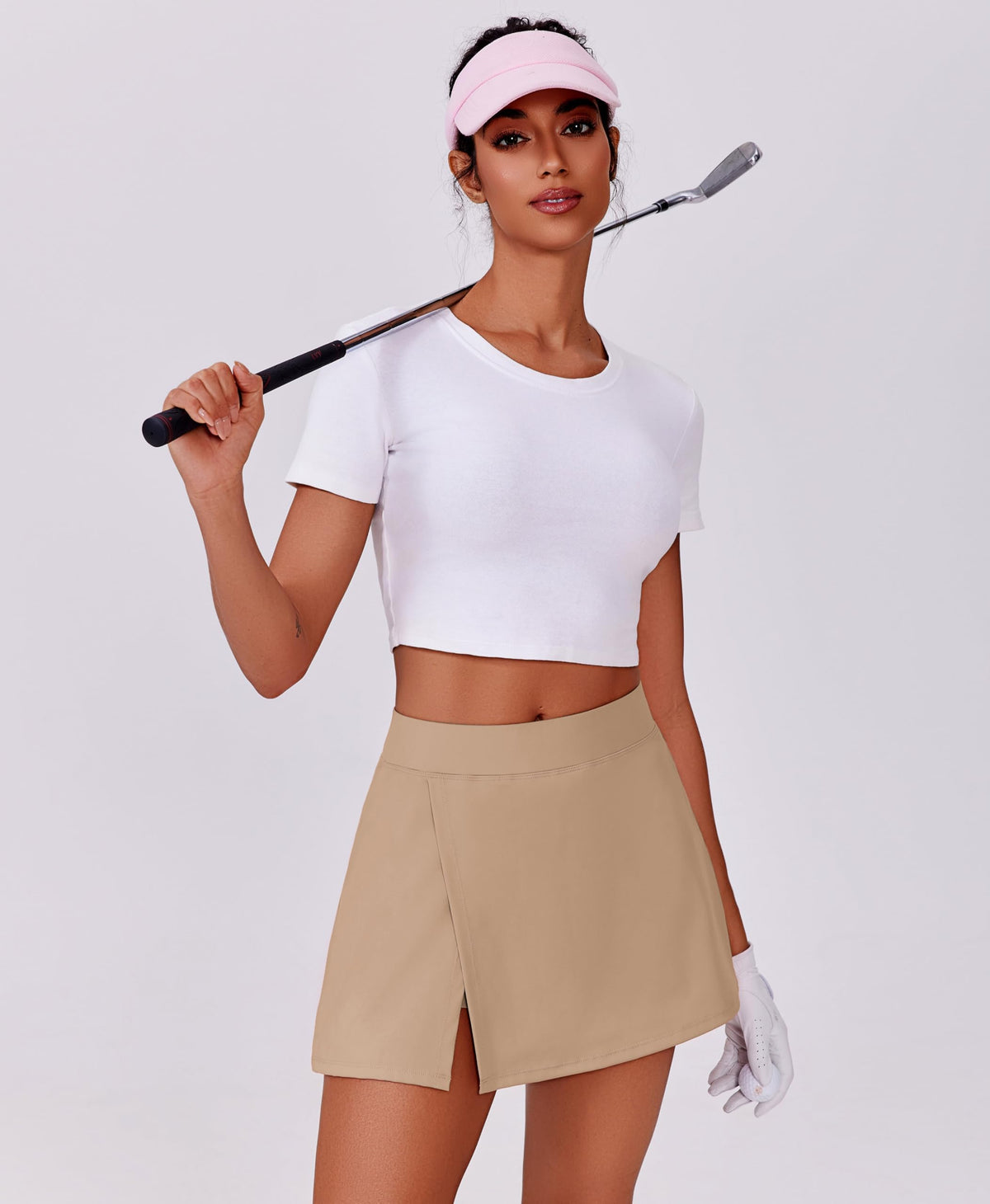 Women’s Tennis Skort High Waist Sports Skirt with Pockets Side Slit – Khaki L