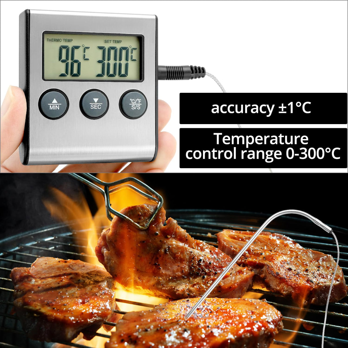 QWORK® Digital Cooking Thermometer with Food Probe, Range 0-300°C, Built-in Timer, LCD Display - for Use in Ovens and Grills
