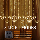 Butterfly Solar String Lights 120 LED Weatherproof Curtain with 8 Modes & Hooks – Warm White