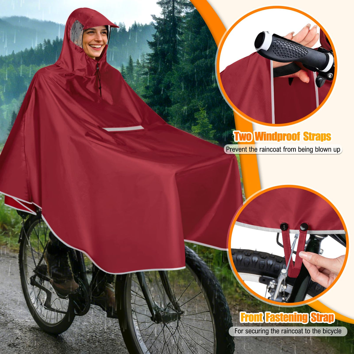 Pelerină de ploaie impermeabilă pentru bicicletă cu benzi reflectorizante și cozoroc – Roșu
