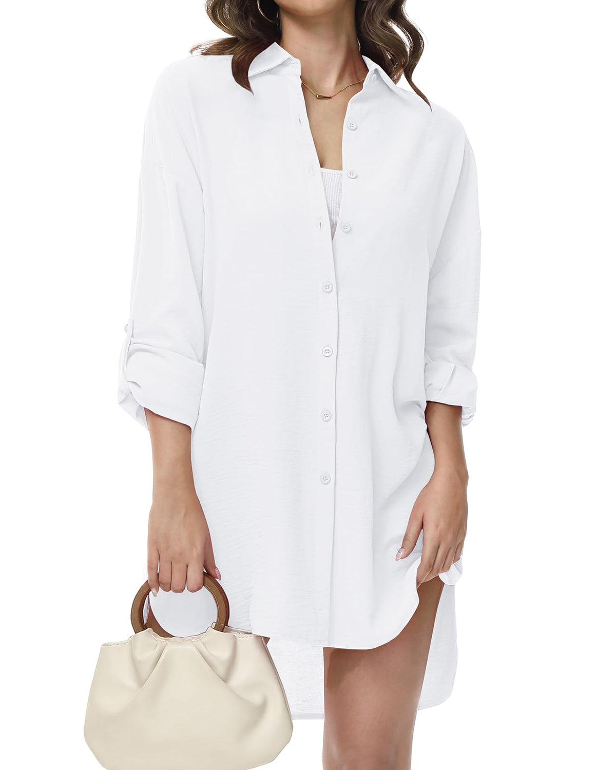 Women's V-Neck Long Sleeve Button-Down Blouse Roll-Up Casual Shirt – White M