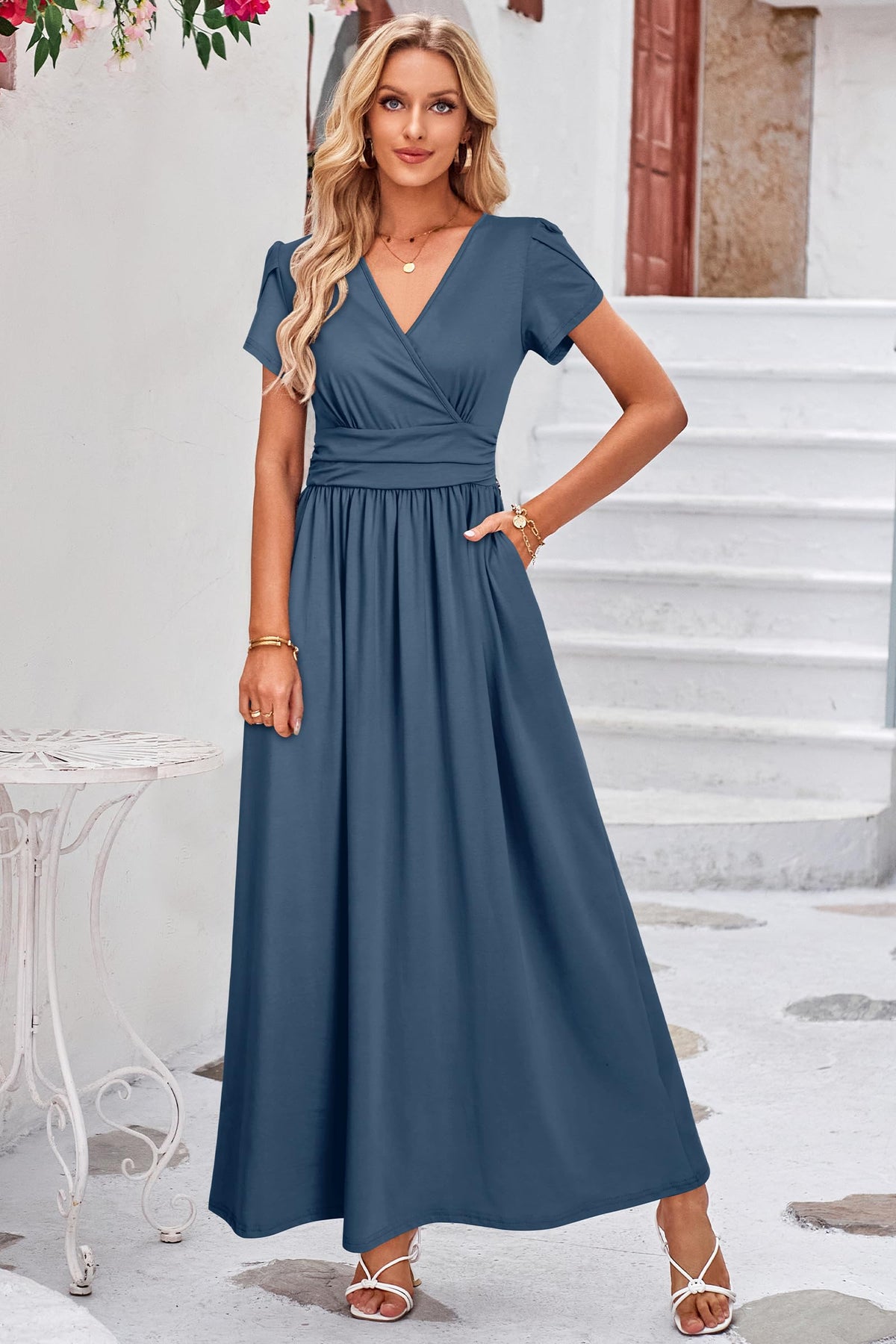 Rochie maxi lungă de vară pentru gravide și alăptare cu decolteu în V – S