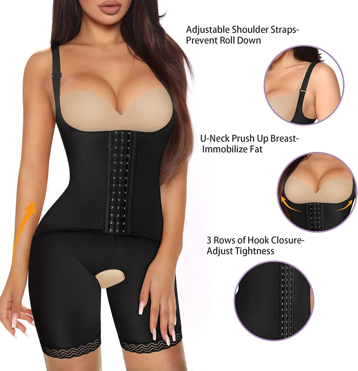 Body modelator sculptant sub bust cu picior lung și cârlige KUMAYES – Negru S