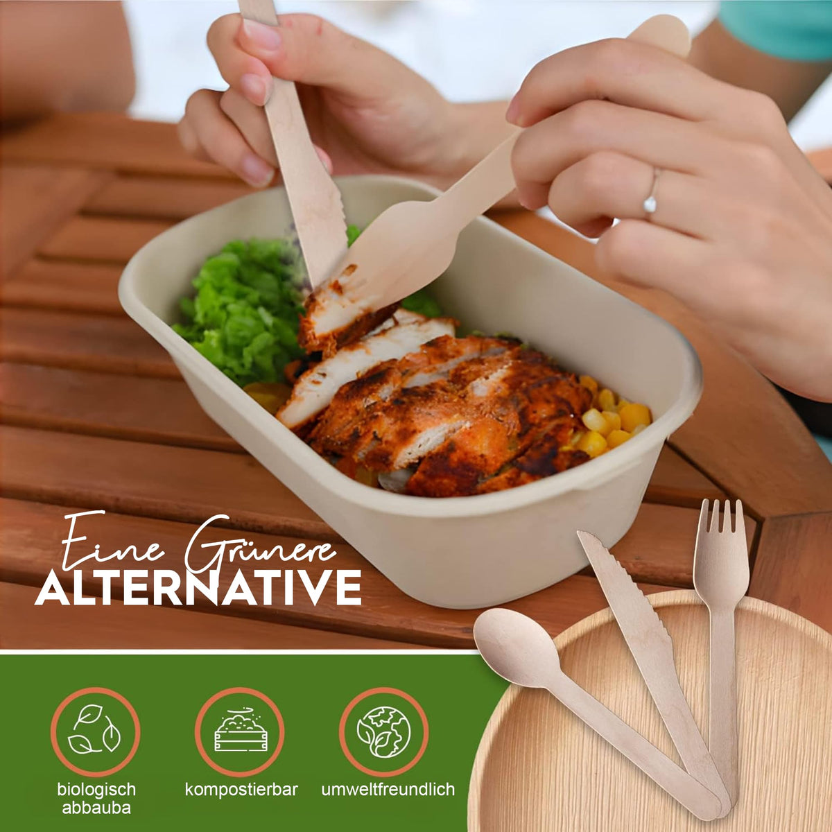 Disposable Wooden Cutlery Set 200-Piece Compostable & Biodegradable – Green 16 cm