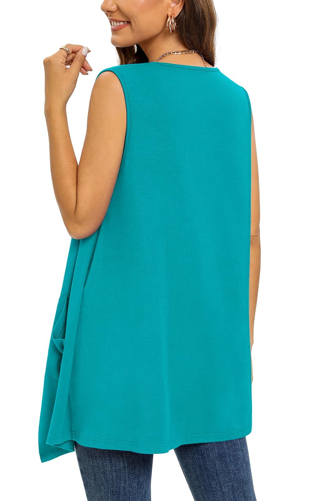 Women's Long Sleeveless Cardigan Open Front With Pockets Hi-Lo Hem – Teal L