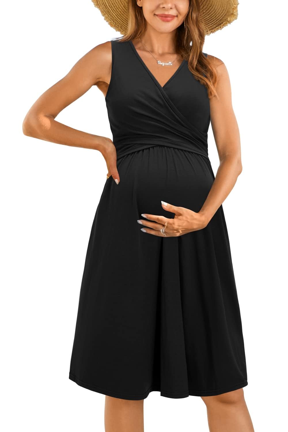 Women’s Maternity Nursing Dress V-Neck Sleeveless with Pockets – Black S