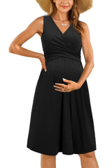 Women’s Maternity Nursing Dress V-Neck Sleeveless with Pockets – Black S