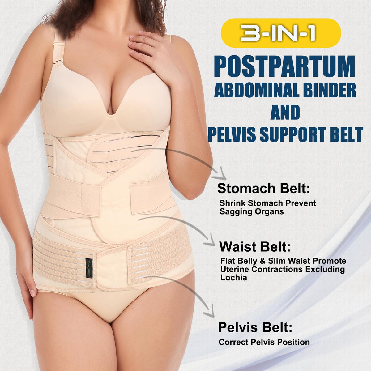 3 in 1 Postpartum Belly Support Recovery Belt - Postpartum Belt for Women - Postnatal Belly Belt after Birth - Recovery Belt after Birth (BEIGE, One Size (Pack of 1))