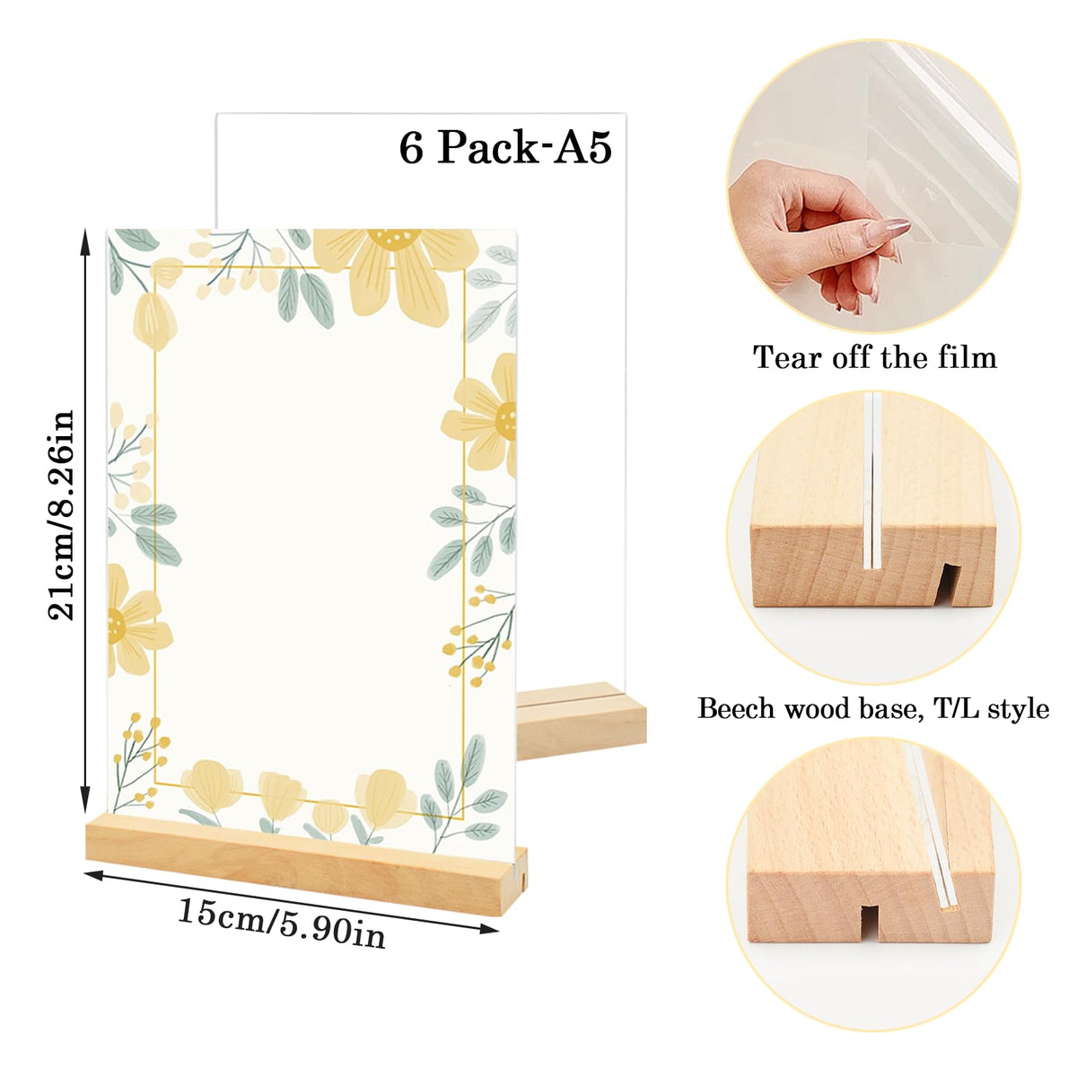 Suporturi meniu / afișaj acrilic A5 cu bază din lemn, set 6 bucăți – 15x21 cm
