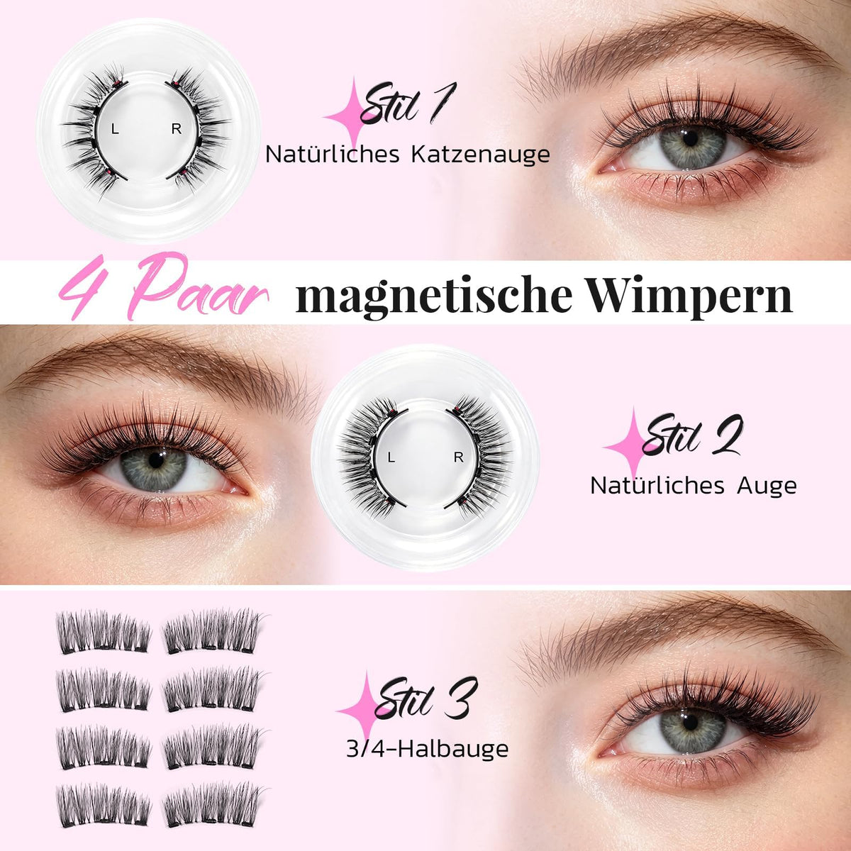 Magnetic False Eyelashes Set 4 Pairs with Applicator & Mirror Box – Pink