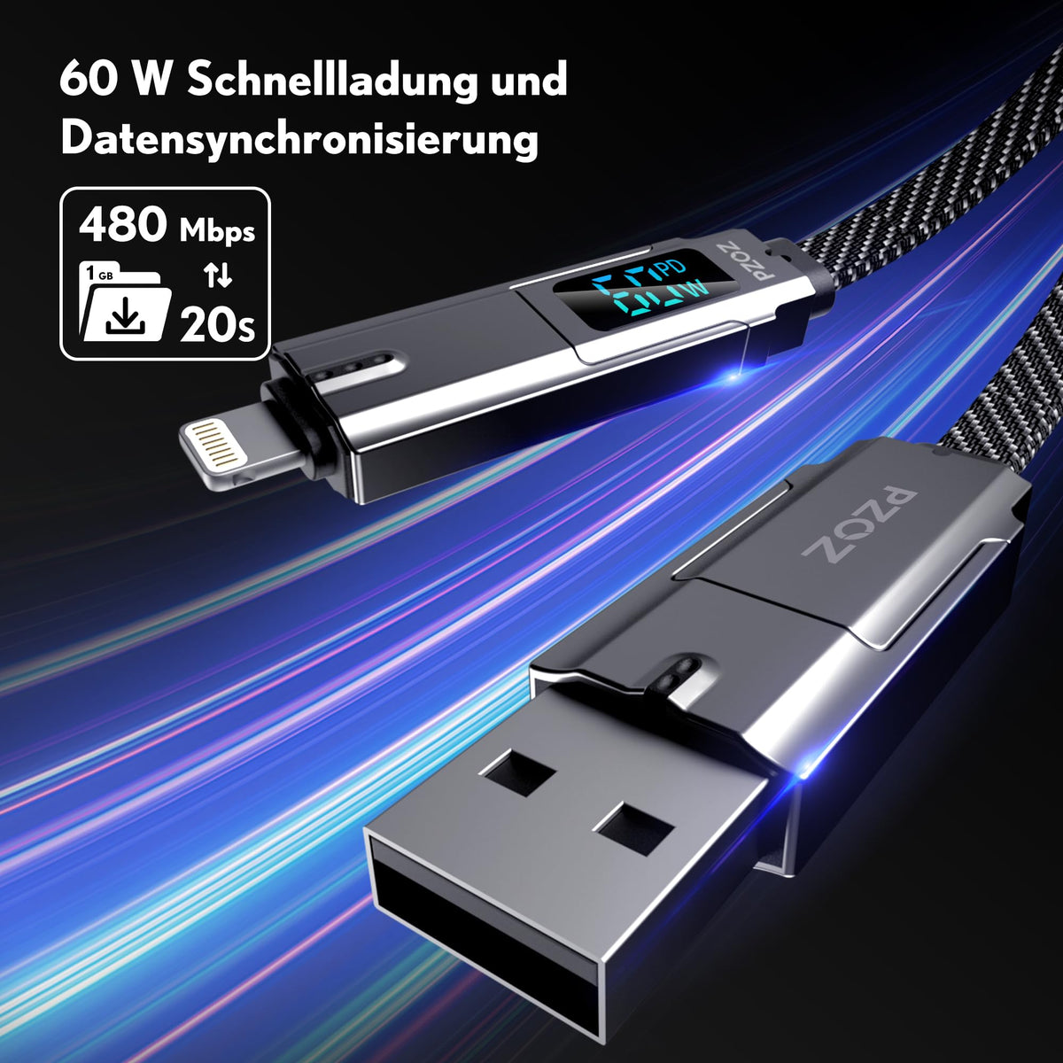 PZOZ 4-in-1 LED Display Fast Charging Cable, 60W, USB Cable, USB C to Lightning/Type C to USB C/USB A to Lightning/USB A to USB C Multi Charging Cable (60W, 1.5M)